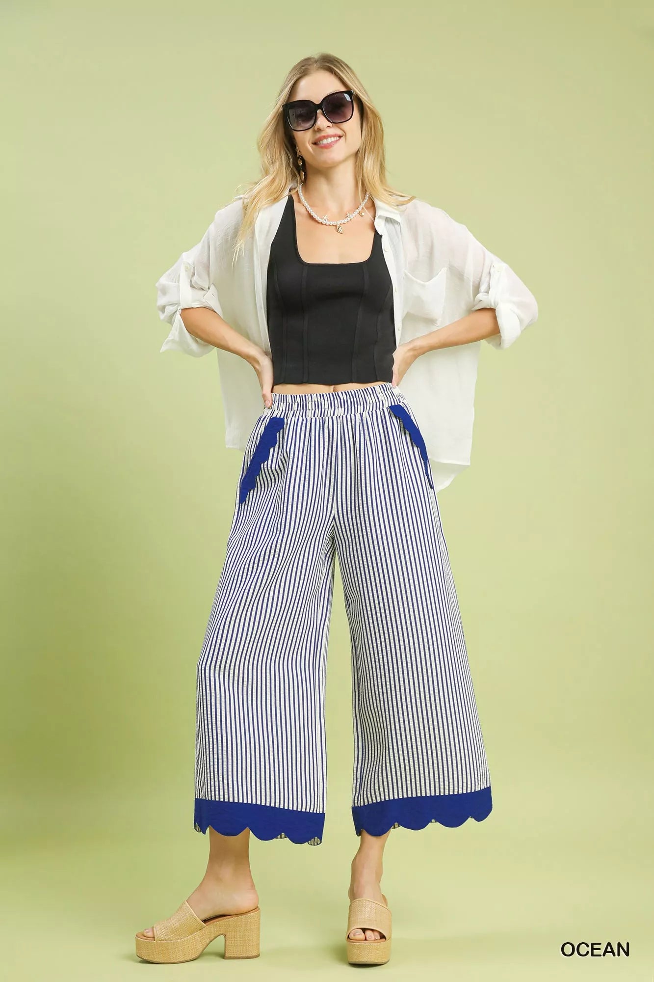 Stripe Scallop Hem Wide Leg Pants, Ocean Blue-Reef Love