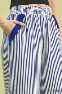 Stripe Scallop Hem Wide Leg Pants, Ocean Blue-Reef Love