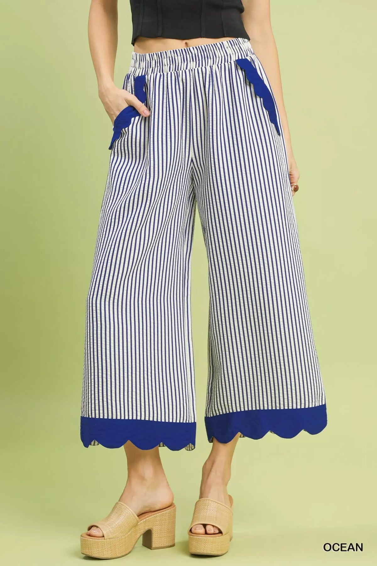 Stripe Scallop Hem Wide Leg Pants, Ocean Blue-Reef Love
