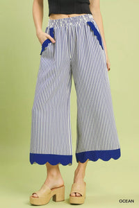 Stripe Scallop Hem Wide Leg Pants, Ocean Blue-Reef Love