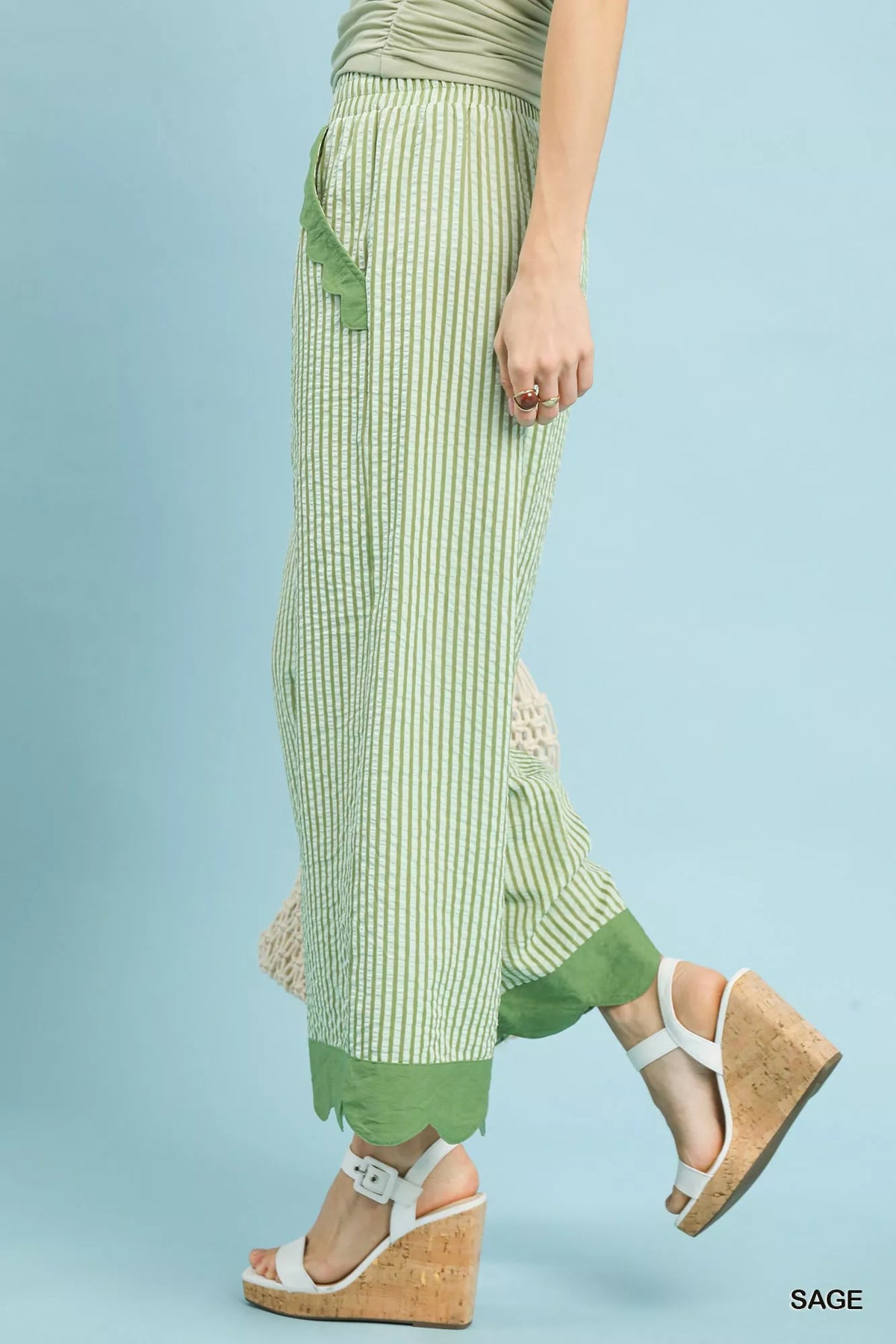 Stripe Scallop Hem Wide Leg Pants, Sage Green-Reef Love