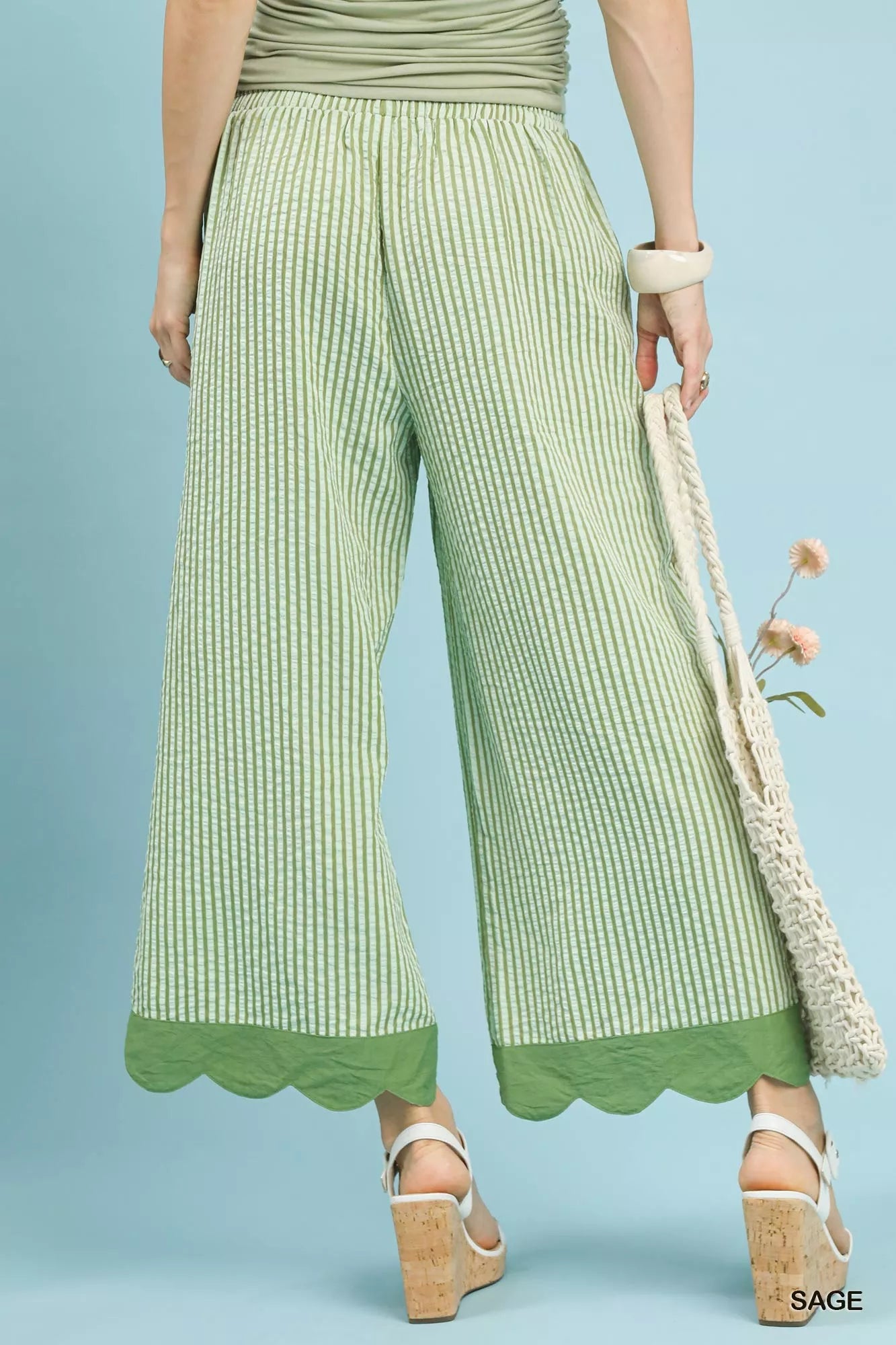 Stripe Scallop Hem Wide Leg Pants, Sage Green-Reef Love