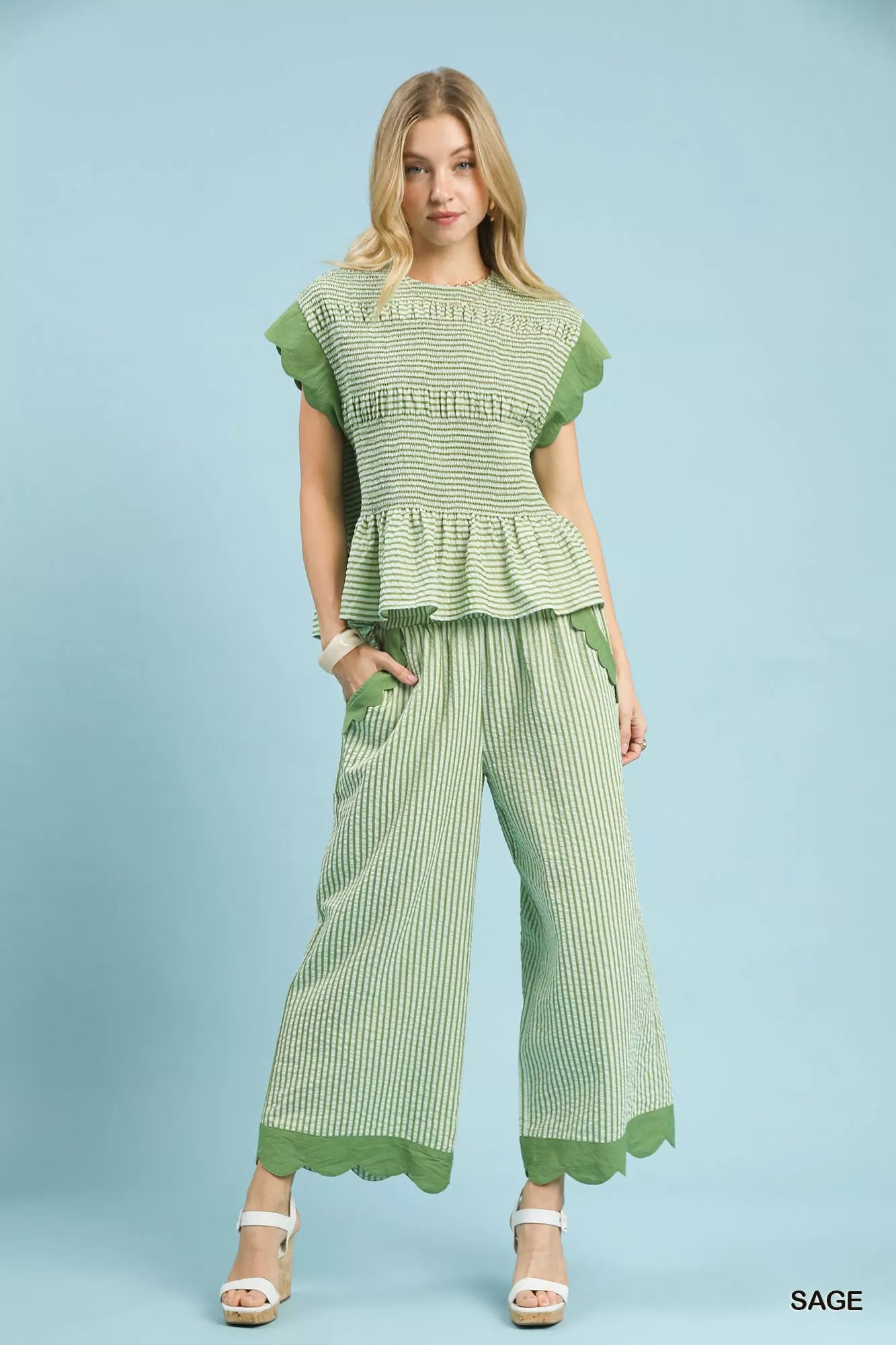 Stripe Scallop Hem Wide Leg Pants, Sage Green-Reef Love