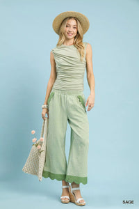 Stripe Scallop Hem Wide Leg Pants, Sage Green-Reef Love