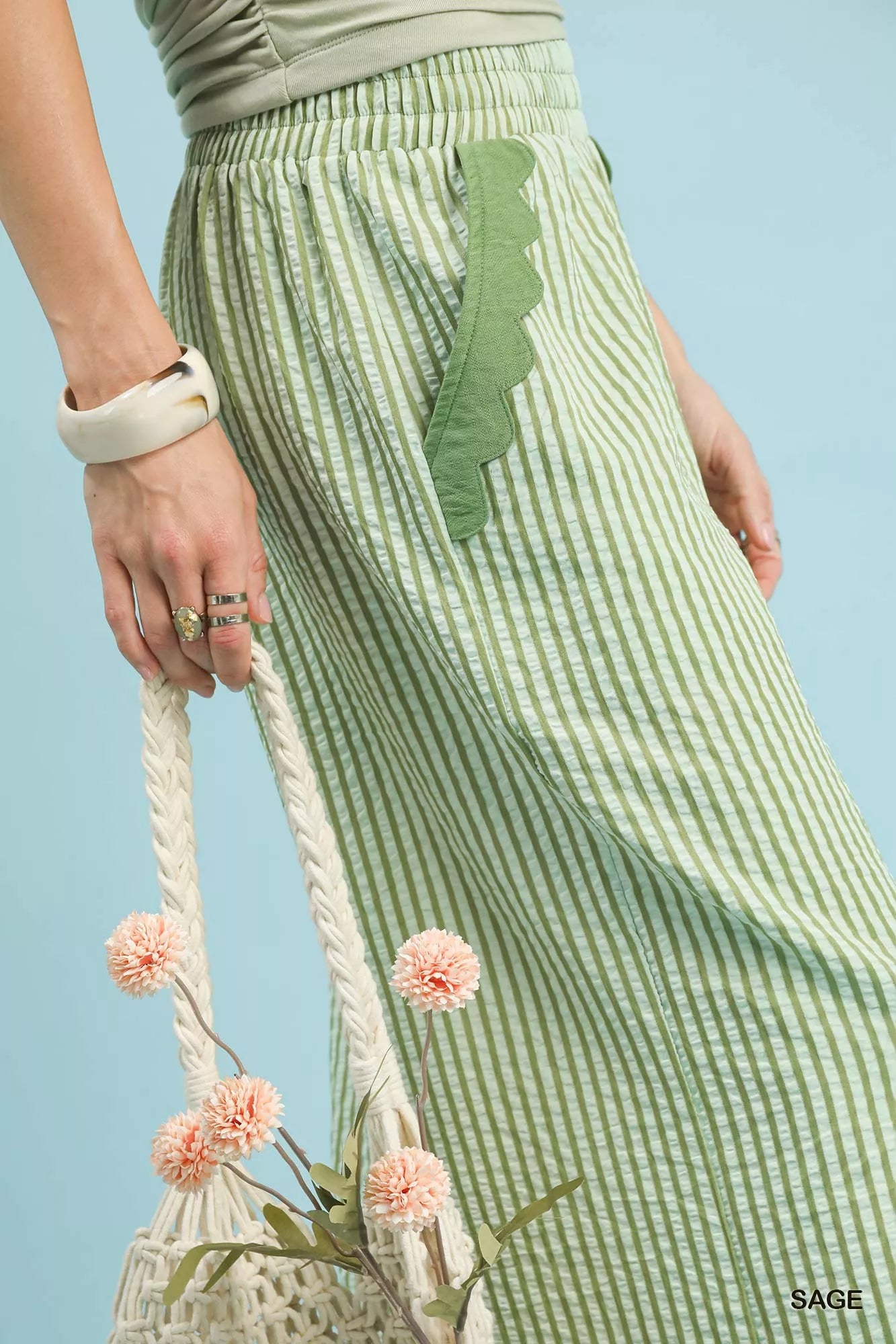 Stripe Scallop Hem Wide Leg Pants, Sage Green-Reef Love