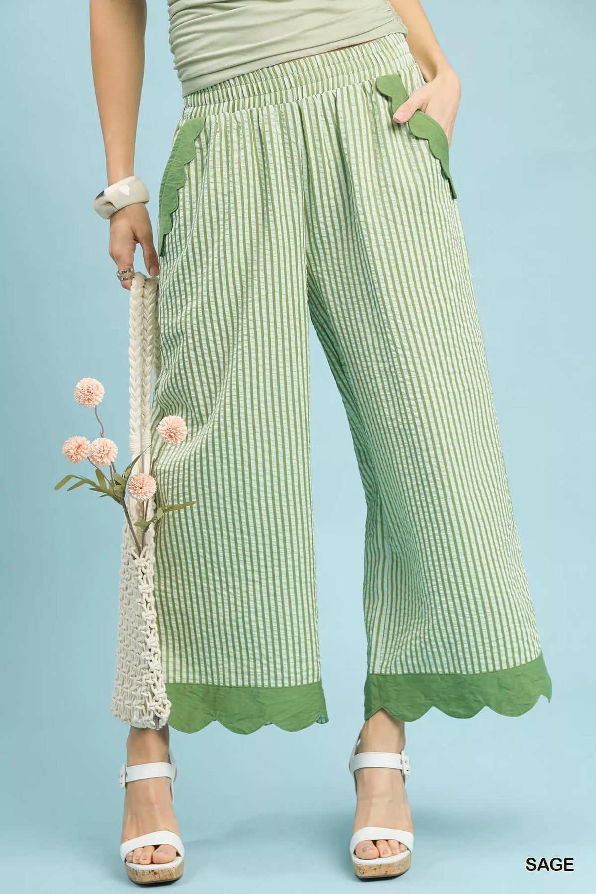 Stripe Scallop Hem Wide Leg Pants, Sage Green-Reef Love