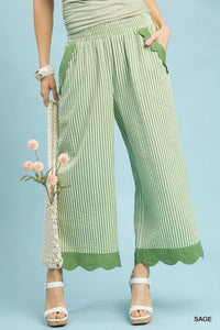 Stripe Scallop Hem Wide Leg Pants, Sage Green-Reef Love