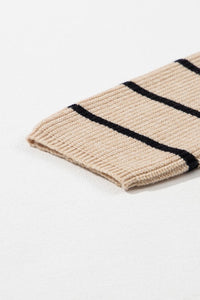 Stripe Side Pockets Open Front Cardigan-Stripe open-front cardigan with pockets in beige and black. Oversized rib-knit layering piece with cozy stretch fit, perfect for casual chic outfits.-Reef Love