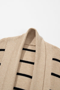 Stripe Side Pockets Open Front Cardigan-Stripe open-front cardigan with pockets in beige and black. Oversized rib-knit layering piece with cozy stretch fit, perfect for casual chic outfits.-Reef Love