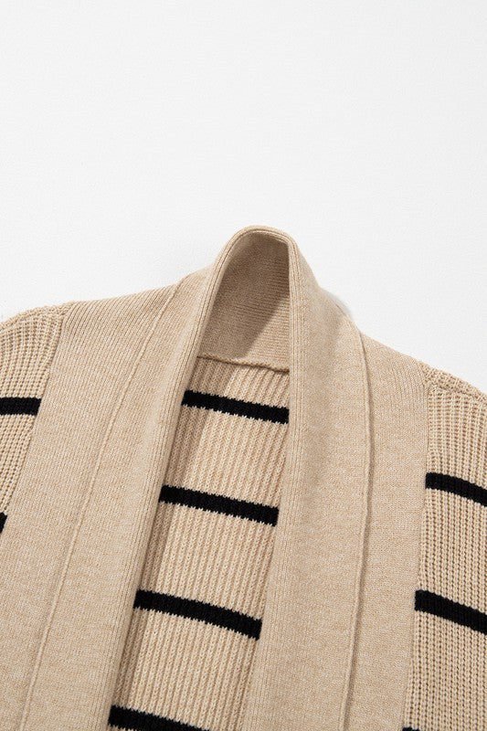 Stripe Side Pockets Open Front Cardigan-Stripe open-front cardigan with pockets in beige and black. Oversized rib-knit layering piece with cozy stretch fit, perfect for casual chic outfits.-Reef Love