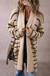 Stripe Side Pockets Open Front Cardigan-Stripe open-front cardigan with pockets in beige and black. Oversized rib-knit layering piece with cozy stretch fit, perfect for casual chic outfits.-Reef Love