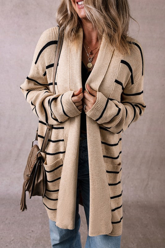 Stripe Side Pockets Open Front Cardigan-Stripe open-front cardigan with pockets in beige and black. Oversized rib-knit layering piece with cozy stretch fit, perfect for casual chic outfits.-Reef Love