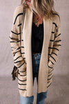 Stripe Side Pockets Open Front Cardigan-Stripe open-front cardigan with pockets in beige and black. Oversized rib-knit layering piece with cozy stretch fit, perfect for casual chic outfits.-Reef Love