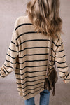 Stripe Side Pockets Open Front Cardigan-Stripe open-front cardigan with pockets in beige and black. Oversized rib-knit layering piece with cozy stretch fit, perfect for casual chic outfits.-Reef Love