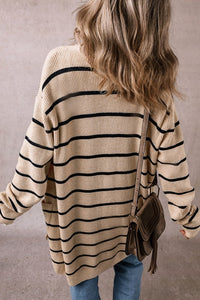 Stripe Side Pockets Open Front Cardigan-Stripe open-front cardigan with pockets in beige and black. Oversized rib-knit layering piece with cozy stretch fit, perfect for casual chic outfits.-Reef Love