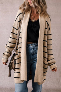 Stripe Side Pockets Open Front Cardigan-Stripe open-front cardigan with pockets in beige and black. Oversized rib-knit layering piece with cozy stretch fit, perfect for casual chic outfits.-Reef Love