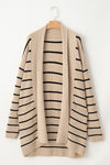 Stripe Side Pockets Open Front Cardigan-Stripe open-front cardigan with pockets in beige and black. Oversized rib-knit layering piece with cozy stretch fit, perfect for casual chic outfits.-Reef Love