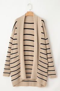 Stripe Side Pockets Open Front Cardigan-Stripe open-front cardigan with pockets in beige and black. Oversized rib-knit layering piece with cozy stretch fit, perfect for casual chic outfits.-Reef Love