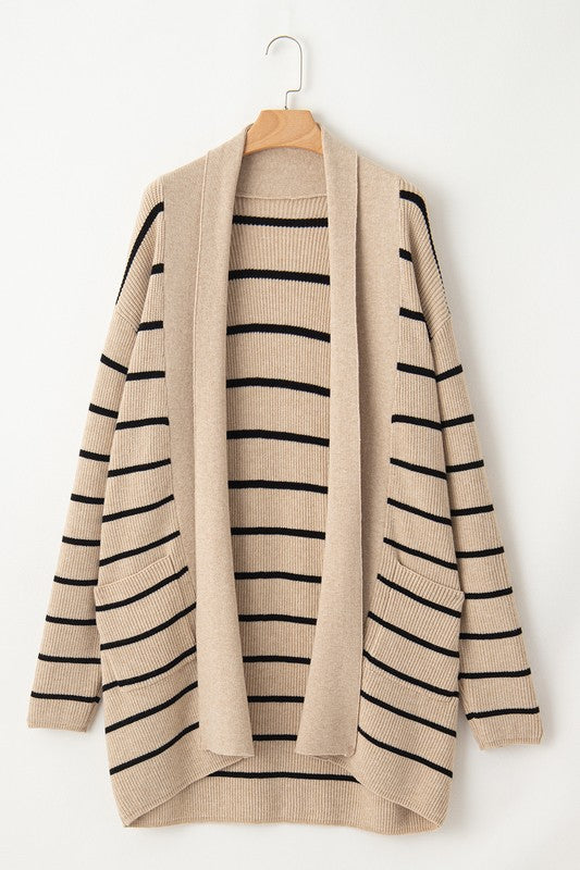 Stripe Side Pockets Open Front Cardigan-Stripe open-front cardigan with pockets in beige and black. Oversized rib-knit layering piece with cozy stretch fit, perfect for casual chic outfits.-Reef Love