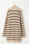 Stripe Side Pockets Open Front Cardigan-Stripe open-front cardigan with pockets in beige and black. Oversized rib-knit layering piece with cozy stretch fit, perfect for casual chic outfits.-Reef Love