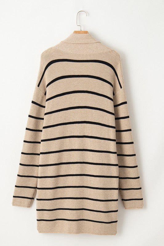 Stripe Side Pockets Open Front Cardigan-Stripe open-front cardigan with pockets in beige and black. Oversized rib-knit layering piece with cozy stretch fit, perfect for casual chic outfits.-Reef Love