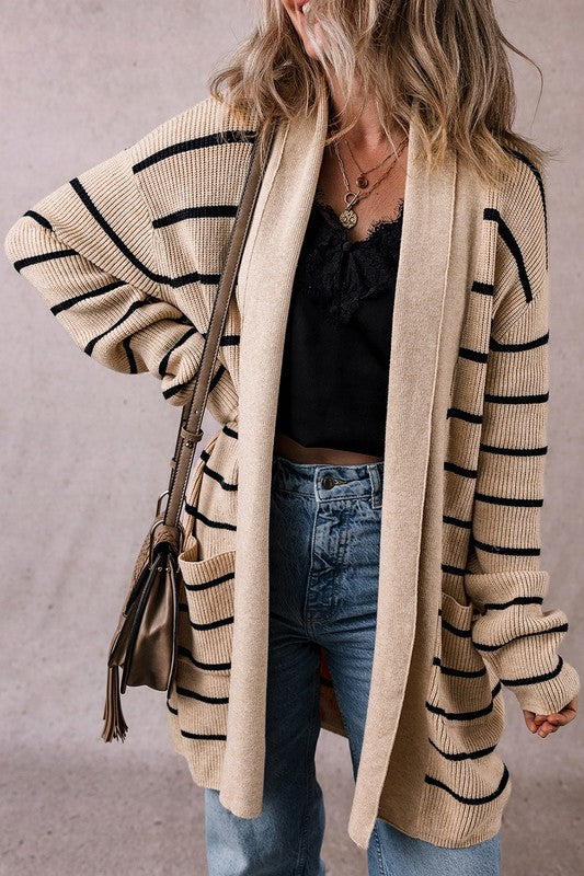 Stripe Side Pockets Open Front Cardigan-Stripe open-front cardigan with pockets in beige and black. Oversized rib-knit layering piece with cozy stretch fit, perfect for casual chic outfits.-Reef Love