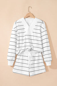 Stripe Zip-Up Drop Shoulder Pullover and Shorts Outfit Set