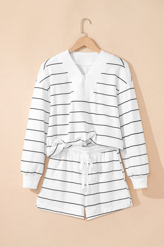 Stripe Zip-Up Drop Shoulder Pullover and Shorts Outfit Set