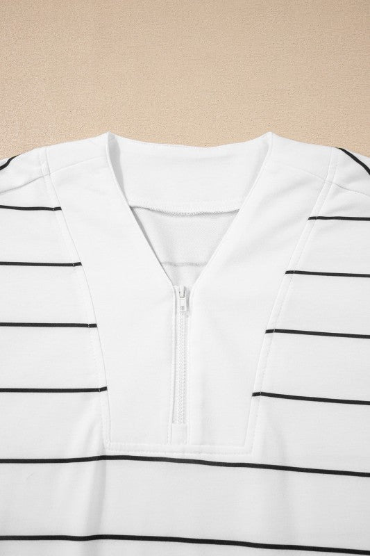 Stripe Zip-Up Drop Shoulder Pullover and Shorts Outfit Set