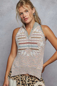 Striped Collar Sleeveless Knit Sweater