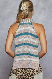 Striped Collar Sleeveless Knit Sweater