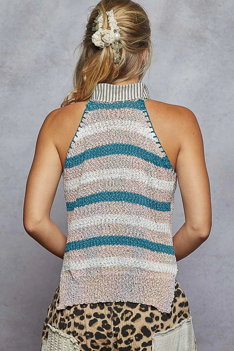 Striped Collar Sleeveless Knit Sweater