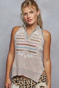 Striped Collar Sleeveless Knit Sweater