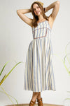 Striped Embroidered Trim Cami Dress-This boho cami dress features blue and white stripes, a smocked bodice with embroidered trim, and a flowy mid-calf silhouette—perfect for summer outings and vacations.-Reef Love Boho-Chic Boutique