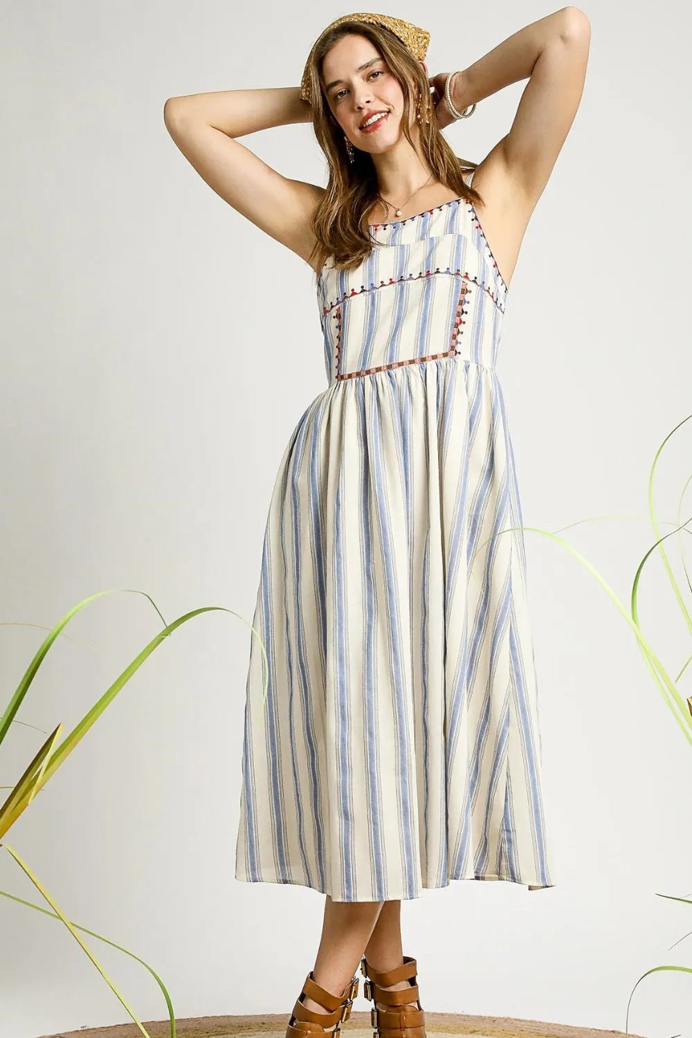 Striped Embroidered Trim Cami Dress-This boho cami dress features blue and white stripes, a smocked bodice with embroidered trim, and a flowy mid-calf silhouette—perfect for summer outings and vacations.-Reef Love Boho-Chic Boutique