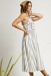 Striped Embroidered Trim Cami Dress-This boho cami dress features blue and white stripes, a smocked bodice with embroidered trim, and a flowy mid-calf silhouette—perfect for summer outings and vacations.-Reef Love Boho-Chic Boutique