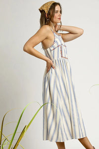 Striped Embroidered Trim Cami Dress-This boho cami dress features blue and white stripes, a smocked bodice with embroidered trim, and a flowy mid-calf silhouette—perfect for summer outings and vacations.-Reef Love Boho-Chic Boutique