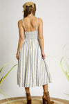 Striped Embroidered Trim Cami Dress-This boho cami dress features blue and white stripes, a smocked bodice with embroidered trim, and a flowy mid-calf silhouette—perfect for summer outings and vacations.-Reef Love Boho-Chic Boutique