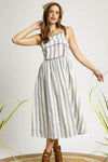 Striped Embroidered Trim Cami Dress-This boho cami dress features blue and white stripes, a smocked bodice with embroidered trim, and a flowy mid-calf silhouette—perfect for summer outings and vacations.-Reef Love Boho-Chic Boutique