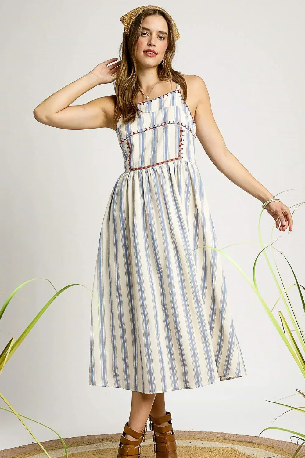 Striped Embroidered Trim Cami Dress-Umgee-Reef Love