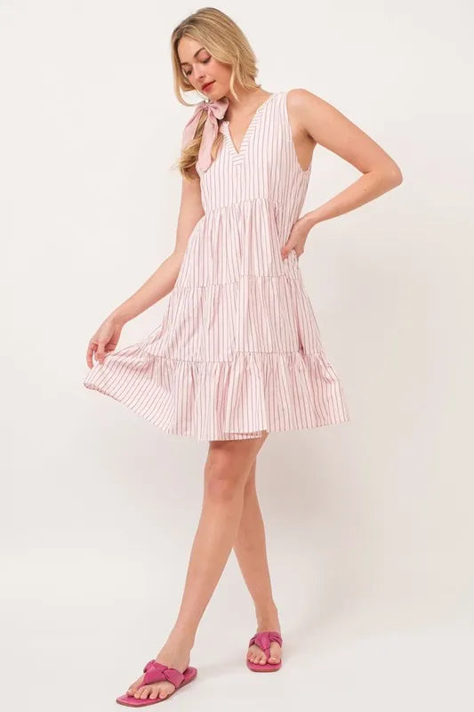 Striped Pink Sleeveless V-Neck Tiered Mini Dress-Ready Brighten up your wardrobe with the Striped Pink Sleeveless V-Neck Tiered Mini Dress, a fun, feminine piece designed for sunny days and casual outings. -Reef Love Boho-Chic Boutique