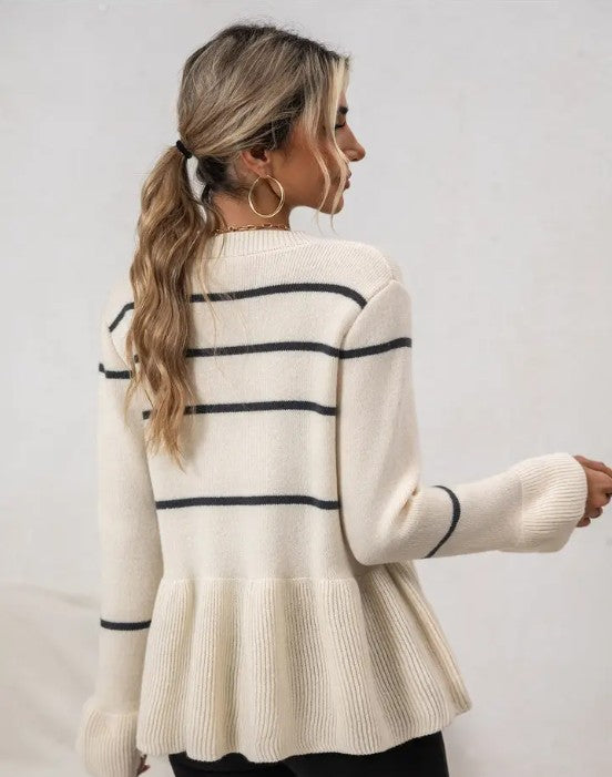 Striped Ribbed Peplum Sweater Cardigan