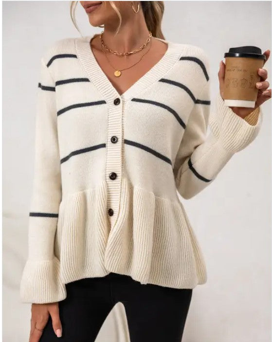 Striped Ribbed Peplum Sweater Cardigan