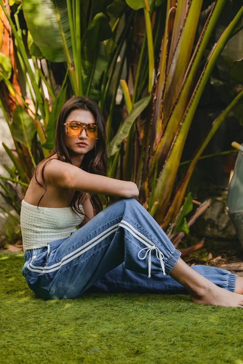 Striped Tape Detail Denim Jogger Jeans