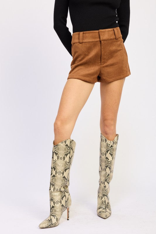 Suede Low Rise Shorts-Chic caramel suede low-rise shorts with luxe feel and stretch comfort. Perfect for pairing with boots, knits, or casual tops.