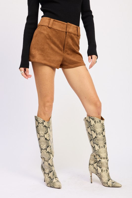 Suede Low Rise Shorts-Chic caramel suede low-rise shorts with luxe feel and stretch comfort. Perfect for pairing with boots, knits, or casual tops.