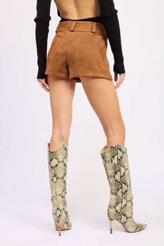 Suede Low Rise Shorts-Chic caramel suede low-rise shorts with luxe feel and stretch comfort. Perfect for pairing with boots, knits, or casual tops.