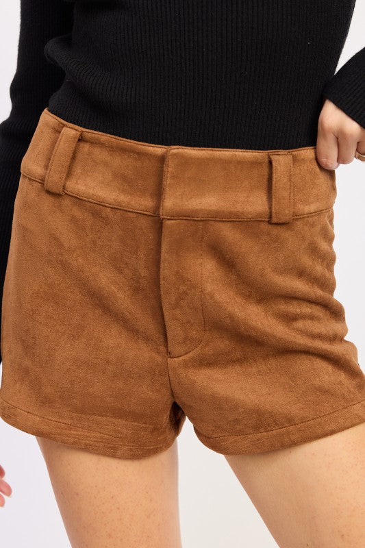 Suede Low Rise Shorts-Chic caramel suede low-rise shorts with luxe feel and stretch comfort. Perfect for pairing with boots, knits, or casual tops.
