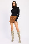 Suede Low Rise Shorts-Chic caramel suede low-rise shorts with luxe feel and stretch comfort. Perfect for pairing with boots, knits, or casual tops.