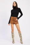 Suede Low Rise Shorts-Chic caramel suede low-rise shorts with luxe feel and stretch comfort. Perfect for pairing with boots, knits, or casual tops.